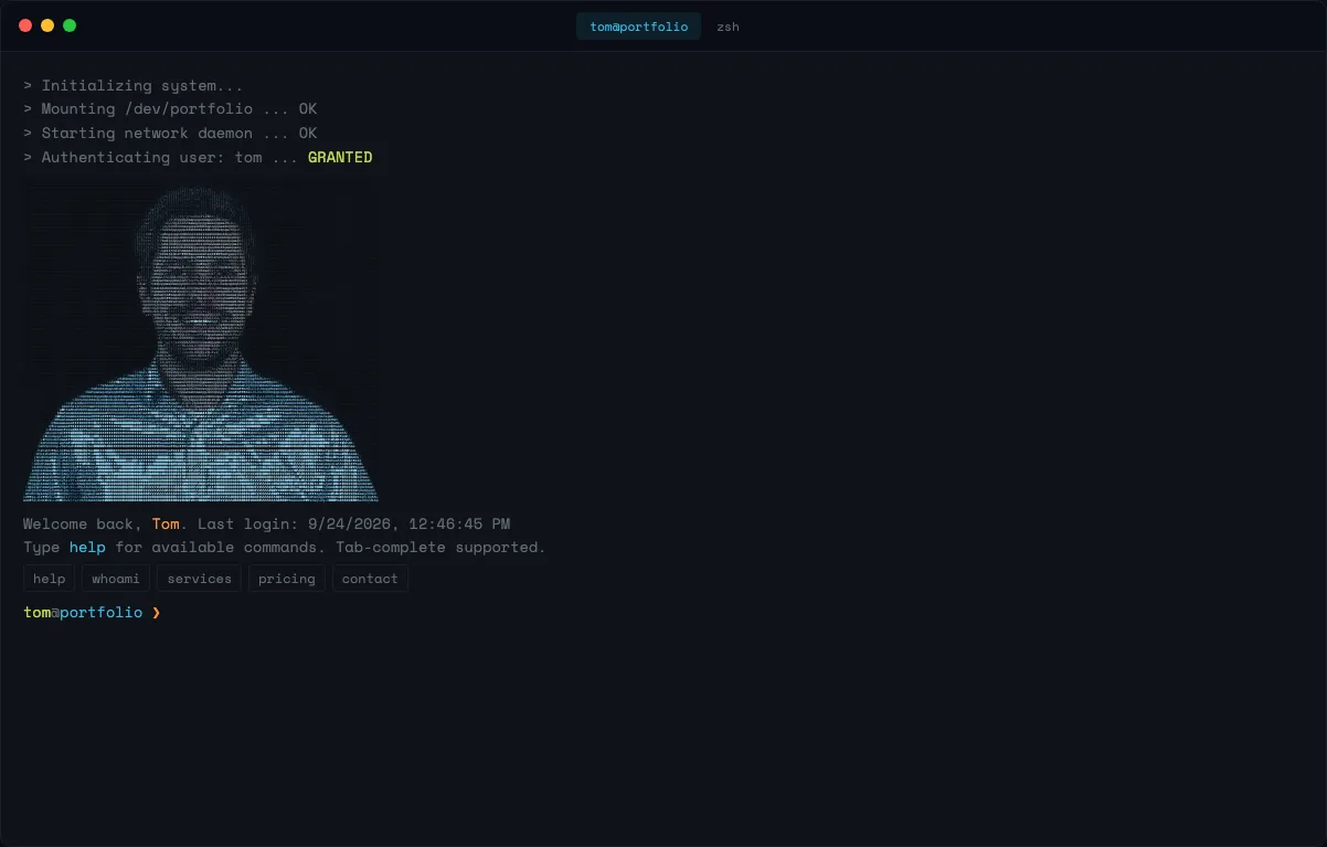 tjansn.com im Terminal-Modus: ein Shell-Fenster mit Bootmeldungen, ASCII-Porträt und Eingabezeile